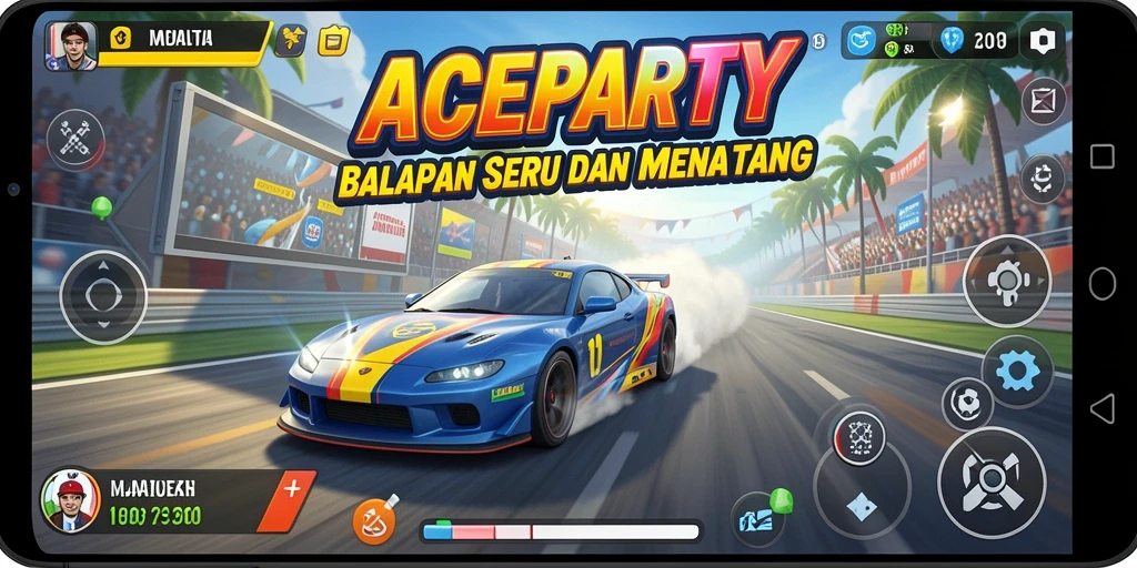 Tampilan utama gameplay ACEPARTY dengan aksi balapan yang mendebarkan.
