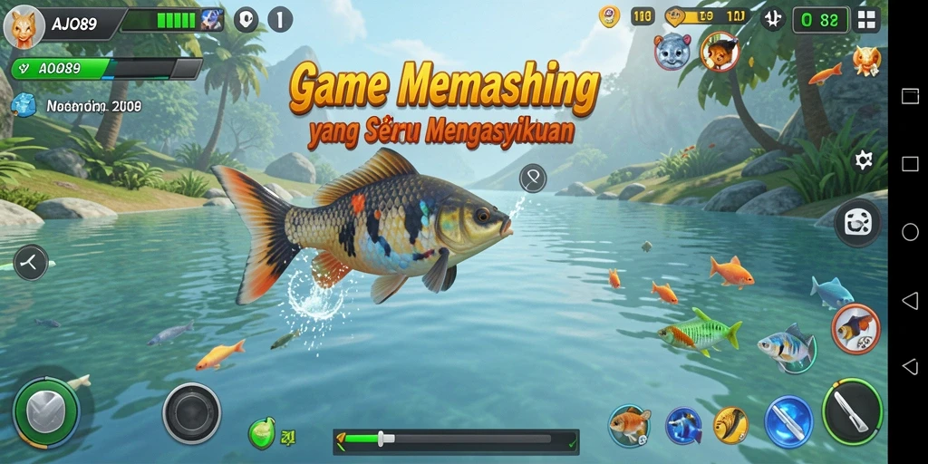 Tampilan gameplay AJO89 dengan suasana memancing yang menenangkan.
