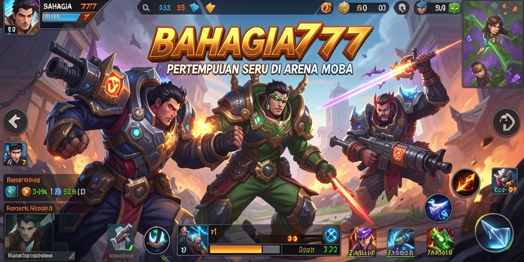 Screenshot gameplay BAHAGIA777 menunjukkan pertempuran dinamis di arena MOBA.