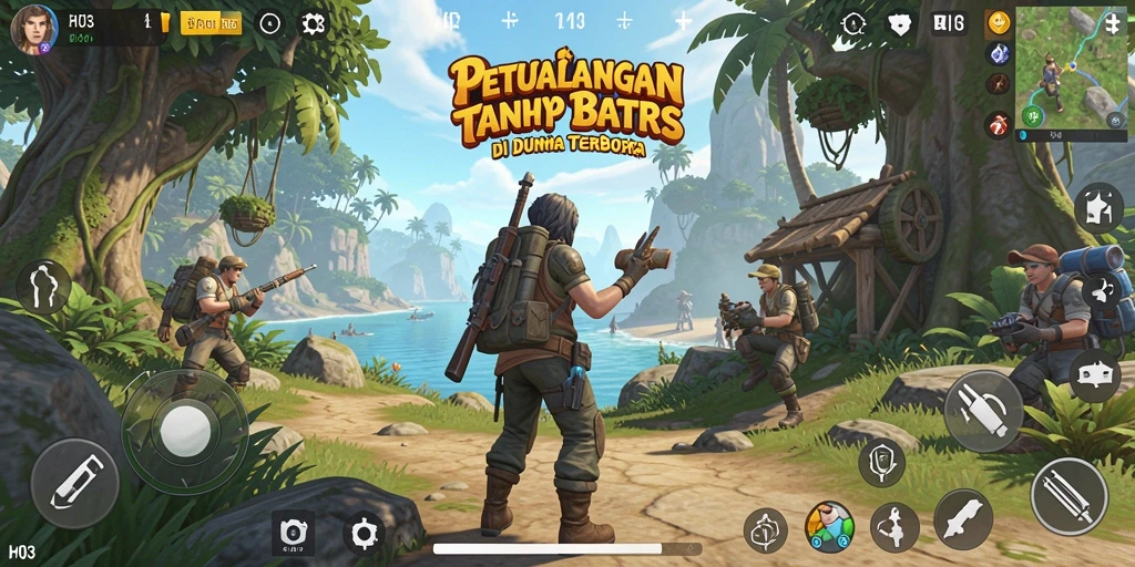 Screenshot gameplay H03 menampilkan eksplorasi dunia terbuka yang luas.