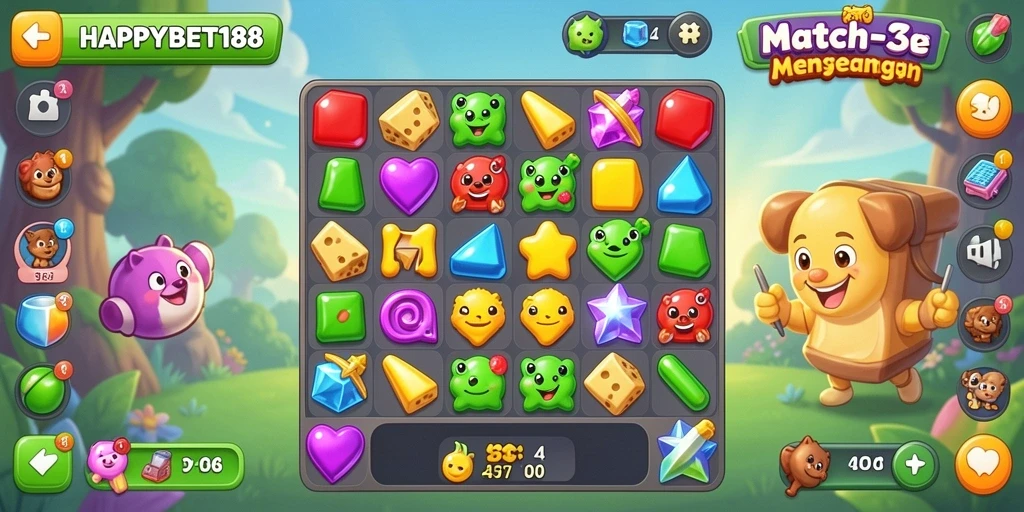 Screenshot gameplay <strong>HAPPYBET188</strong>, menunjukkan aksi Match-3 yang seru.