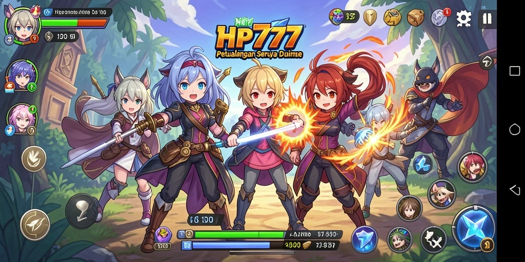Tampilan gameplay HP777 dengan karakter anime penuh aksi.