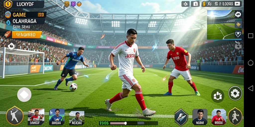Tampilan gameplay seru dalam LUCKYDF yang menampilkan aksi olahraga.