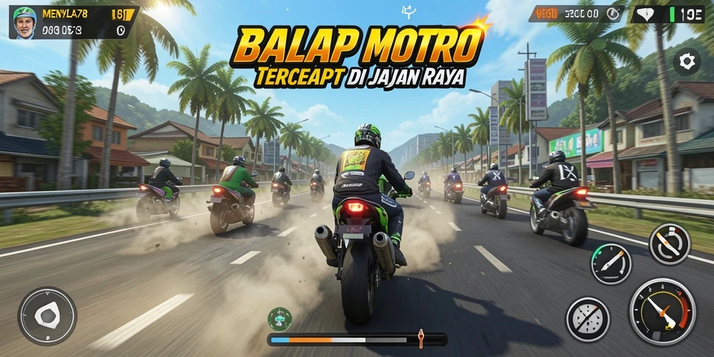 Tampilan gameplay balap motor yang seru dan mendebarkan.