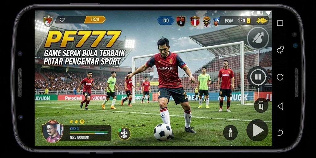 Screenshot utama menunjukkan aksi mendebarkan dalam permainan sepak bola.