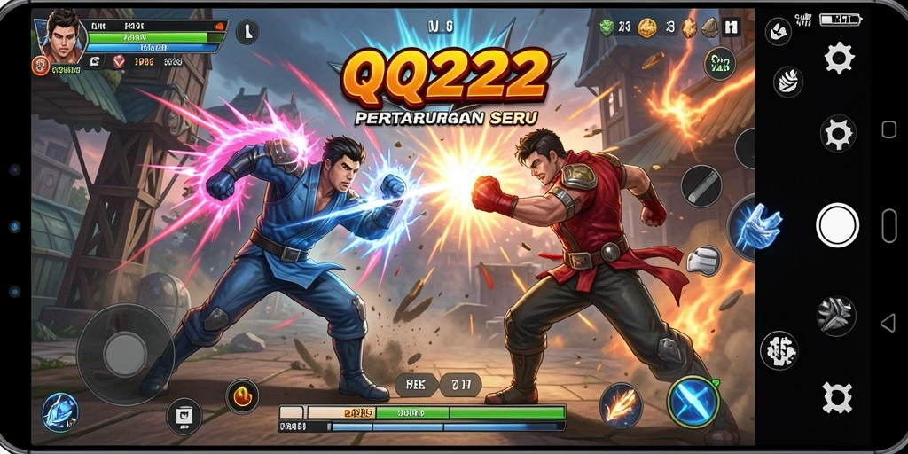 Screenshot utama menunjukkan pertarungan epik dalam QQ222.