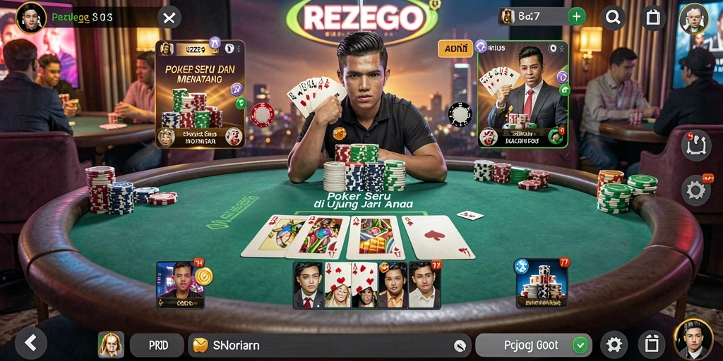 Screenshot gameplay REZEGO menunjukkan aksi poker yang mendebarkan.