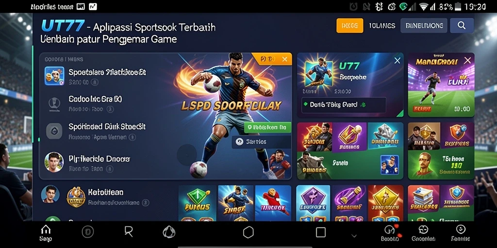 Screenshot UT77 menampilkan tampilan antarmuka aplikasi Sportsbook yang menarik.